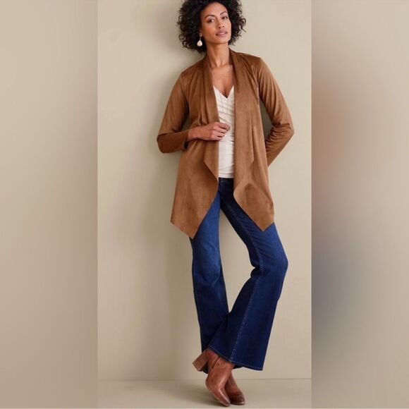 Soft Surroundings Shape Drape Faux Suede Brown Jacket Cardigan Size XS NWOT - Picture 1 of 11